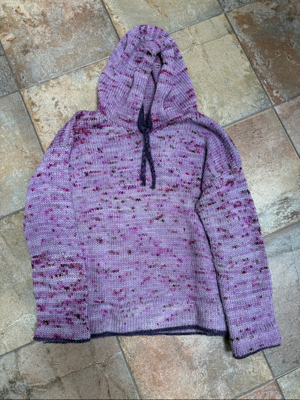 Lavender Speckled Knit Hooded Sweater with Drawstring